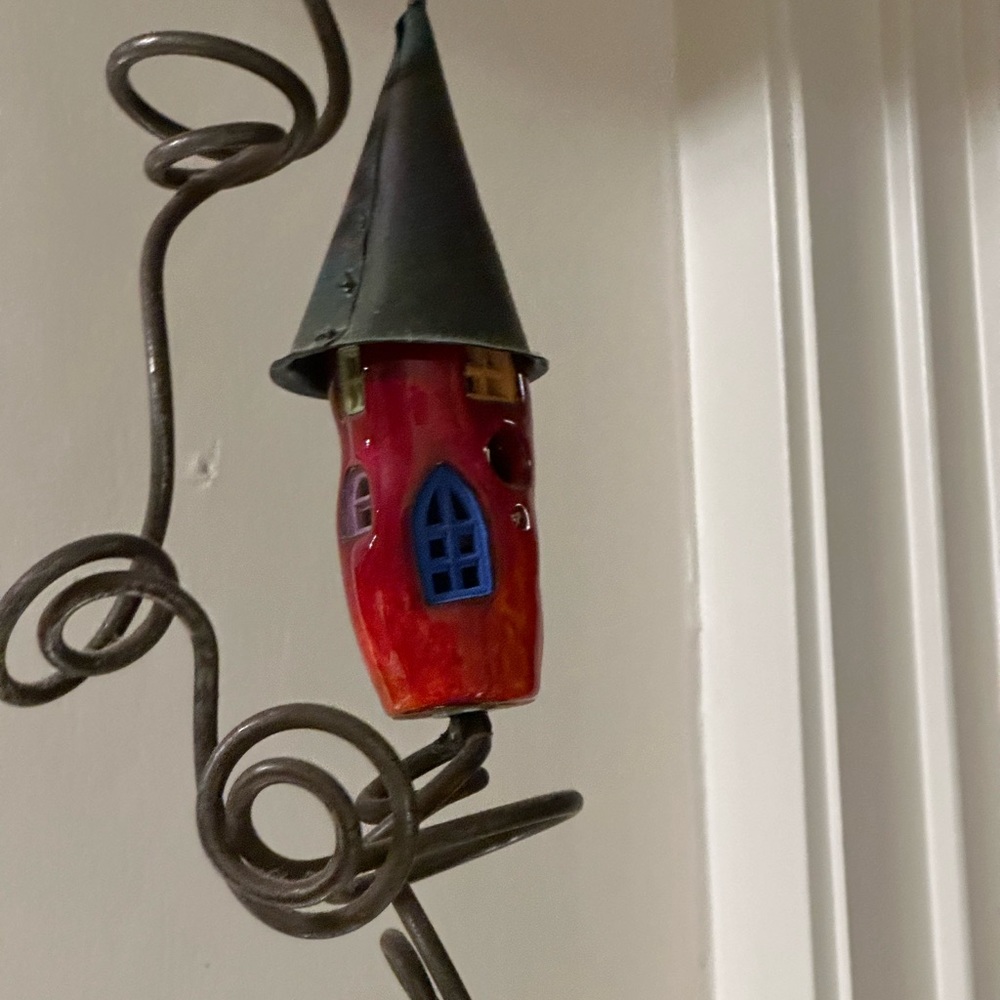 HANGING ART ! ceramic and metal bird house. Witch house.